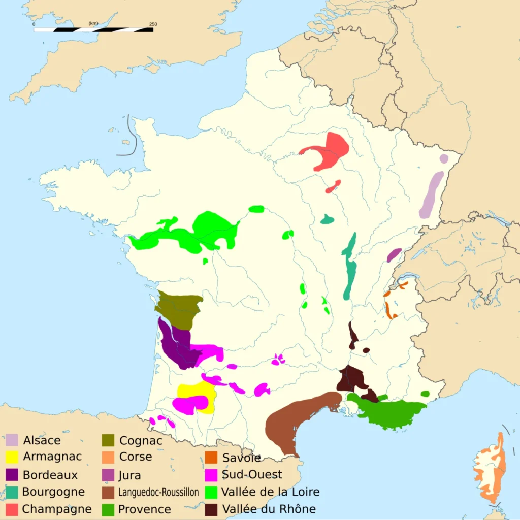 French wine regions map showing Bordeaux, Burgundy, Champagne, the Loire, the Rhône, Alsace and more