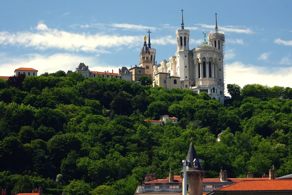 The Basilica of Notre-Dame de Fourvière above Vieux Lyon in Lyon, France