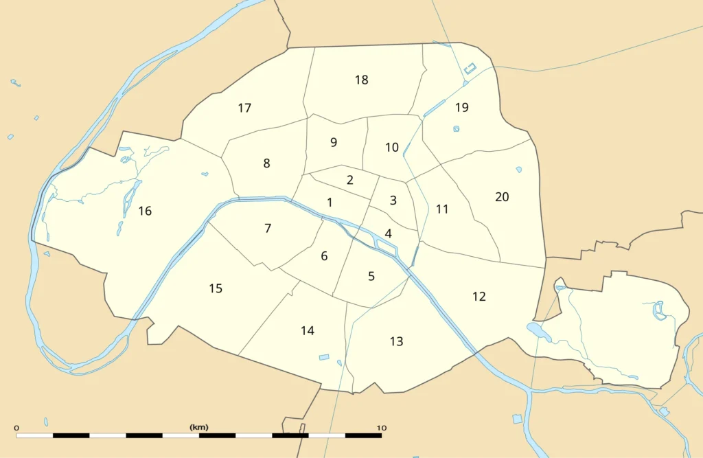 Paris arrondissements map showing all 20 districts numbered in a spiral from the centre