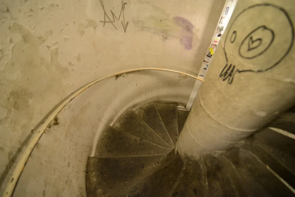 The spiral staircase down into the Paris Catacombs